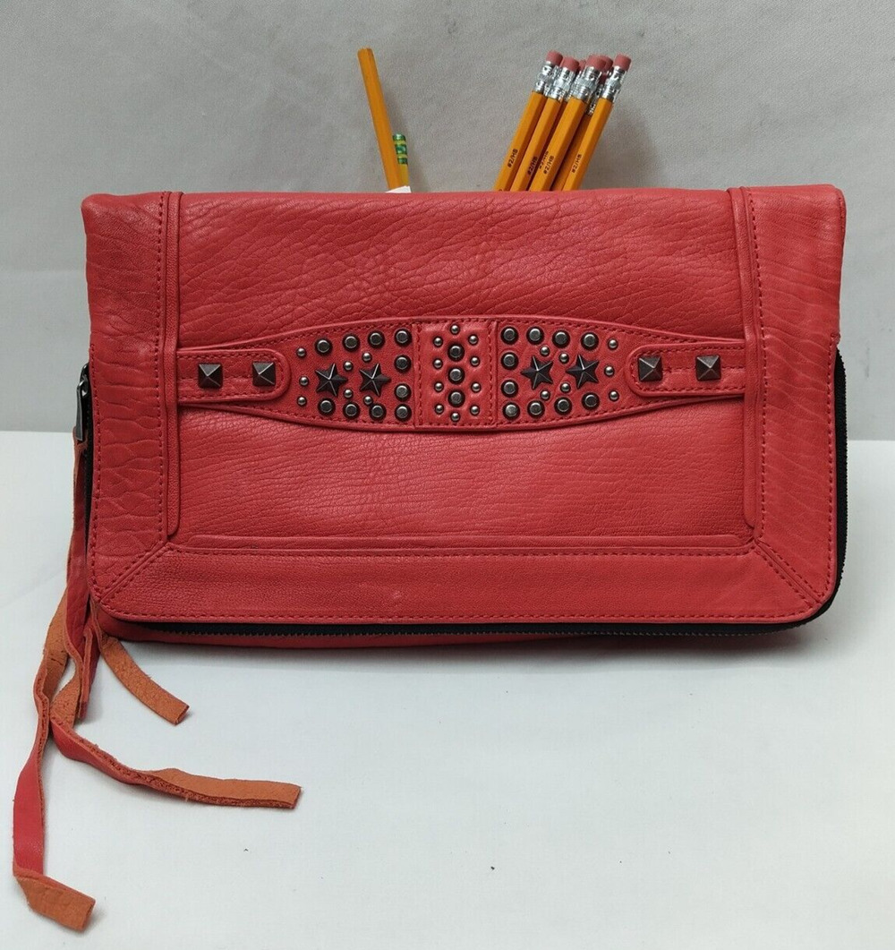 ASH Red Leather Studded Zipper Pockets Bifold Evening Clutch - NWoT